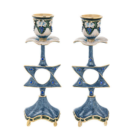 Picture of Star of David Jeweled Blue Candlestick