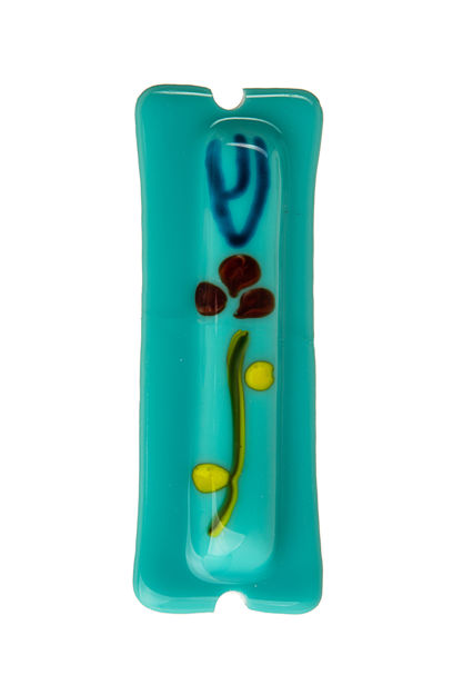 Picture of #C145 Glass Light Blue Flower Mezuzah