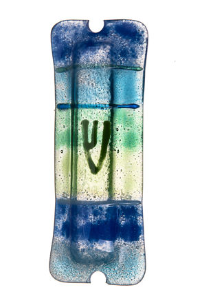Picture of #C148 Glass Blue Mezuzah with lines
