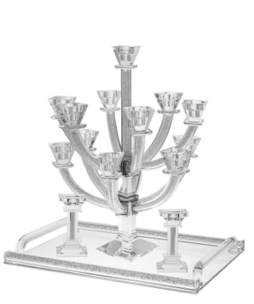 Picture of #1631-13 Candelabra Crystal and Crushed Stones 13 Branches. Candelabra #340.00, Tray $84.00, candle sticks #58.00 Complete Set $482.00