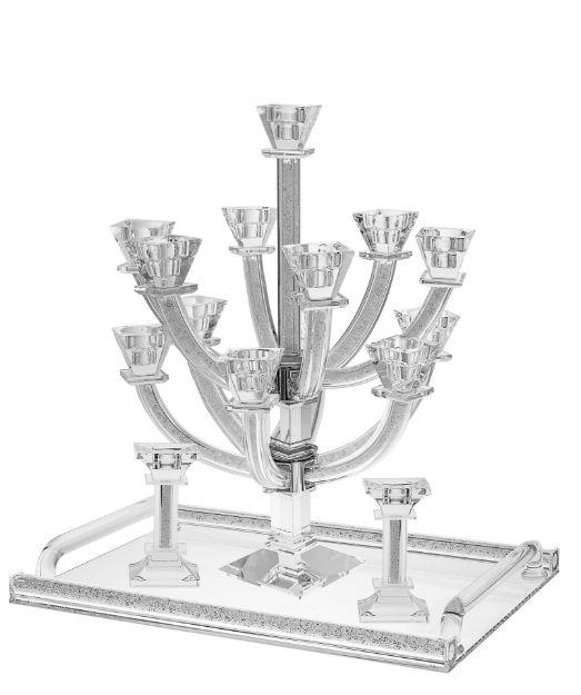 Picture of #1631-13 Candelabra Crystal and Crushed Stones 13 Branches. Candelabra #340.00, Tray $84.00, candle sticks #58.00 Complete Set $482.00