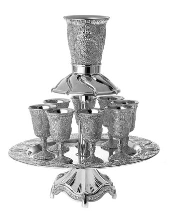 Wine Fountain Kiddush & 8 Goblets Pewter Judaica Jerusalem Design 