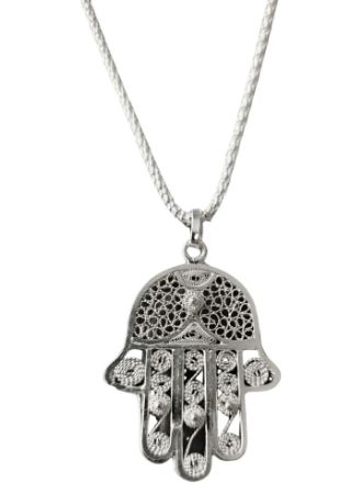 Picture of S475 Handcrafted Sterling Silver Large Filigrana Hamsa on 24 inch Chain