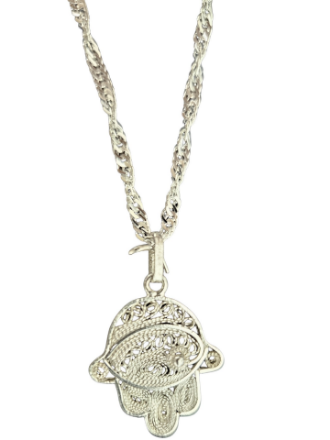 Picture of S481-S Handcrafted Sterling Silver Filigree Eye Hamsa on 18 inch Chain