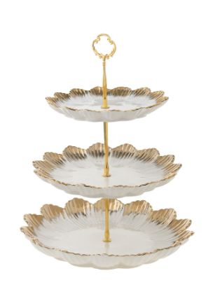 Picture of 1678 Tray 3 Tier  Ceramic White with Gold 